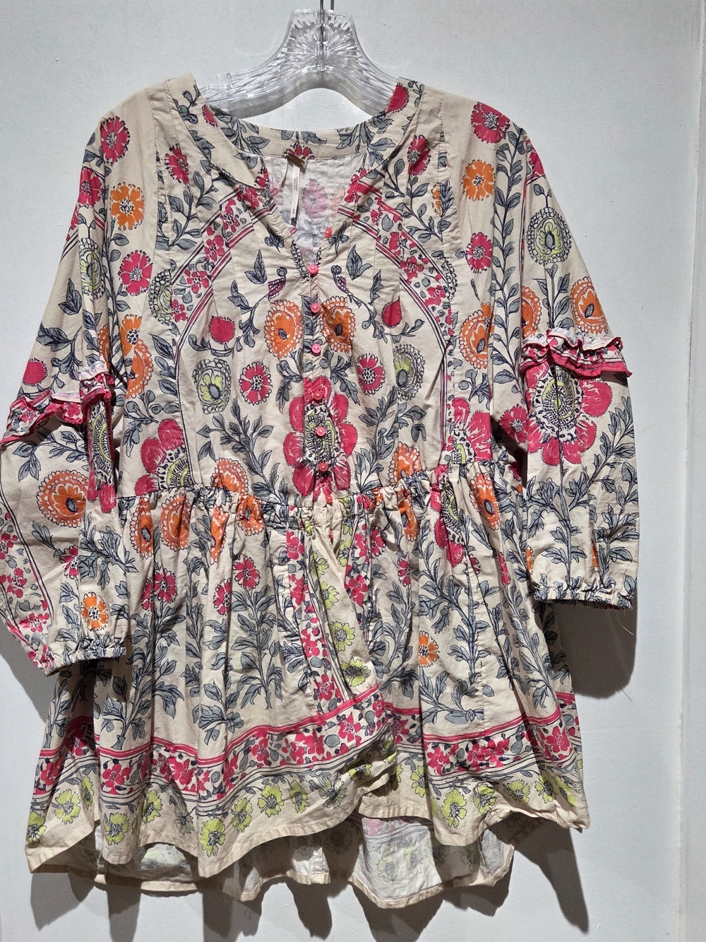 Free People Floral Boho Tunic in Cream with Pink & Orange Accents